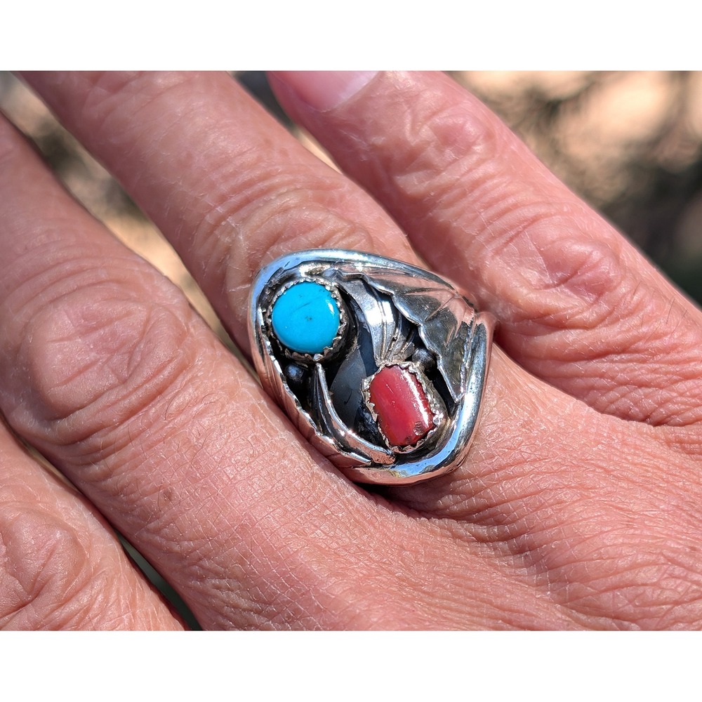 Navajo Men's‎ Ring Sterling Turquoise Coral by J. Begay 10 Southwest Artisan***